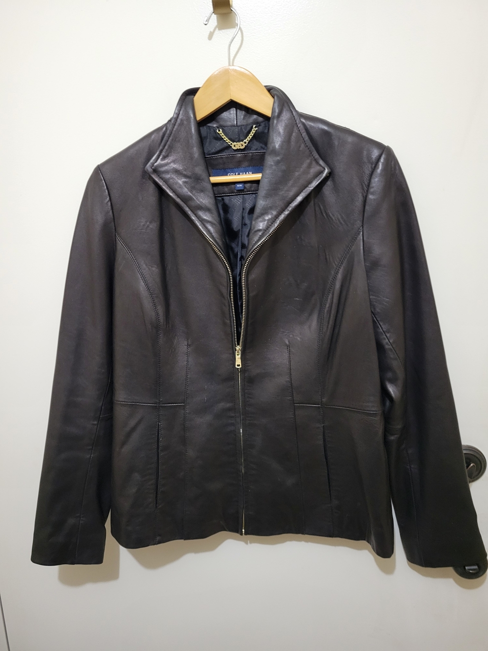 Cole Haan Womans Black Lambskin Leather Zip Jacket with Stand Collar - Zip Close